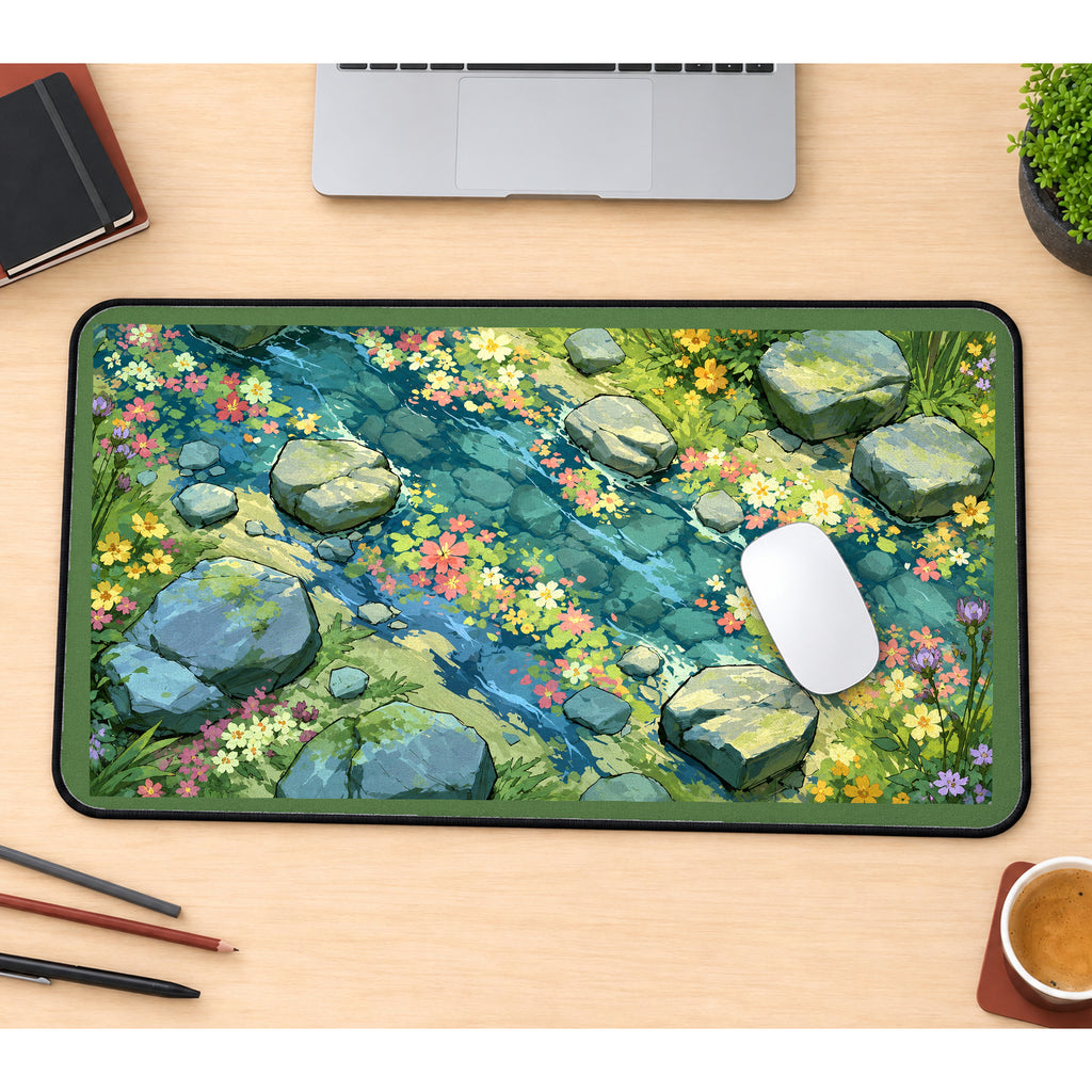 Wildflowers beside a Rocky Creek desk mat — product mockup 1