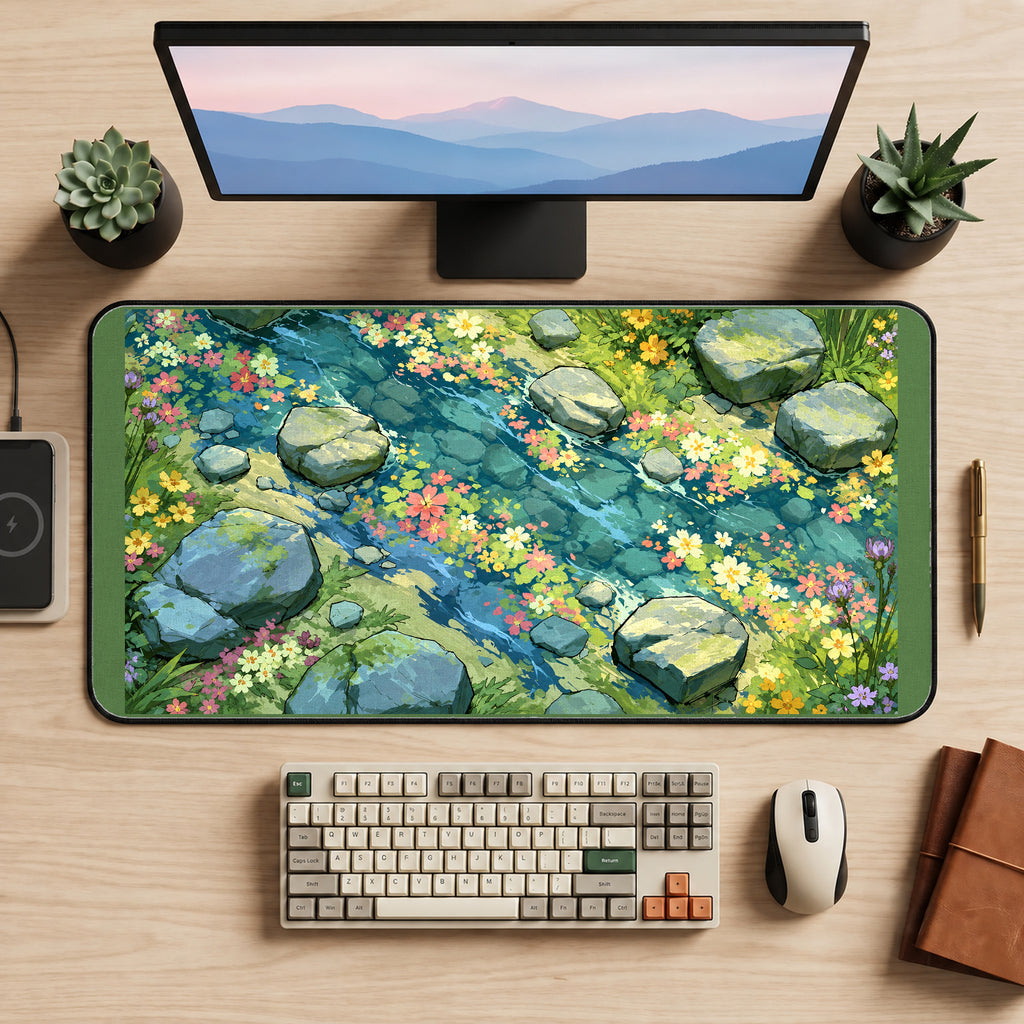 Wildflowers beside a Rocky Creek desk mat — product mockup 2