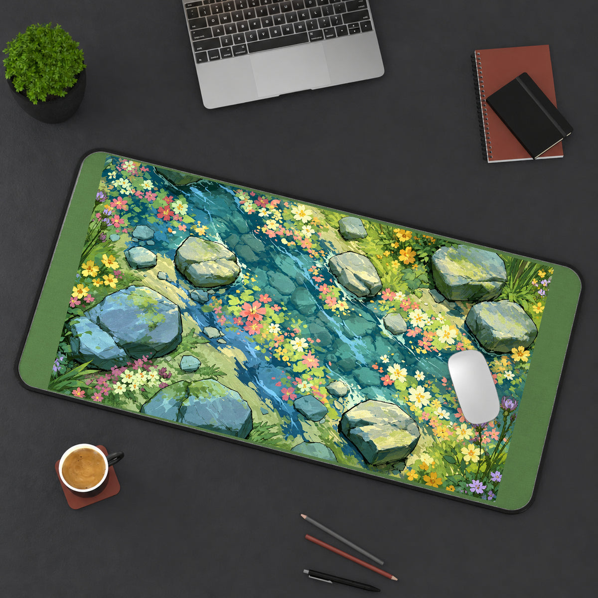 Wildflowers beside a Rocky Creek desk mat — product mockup 3