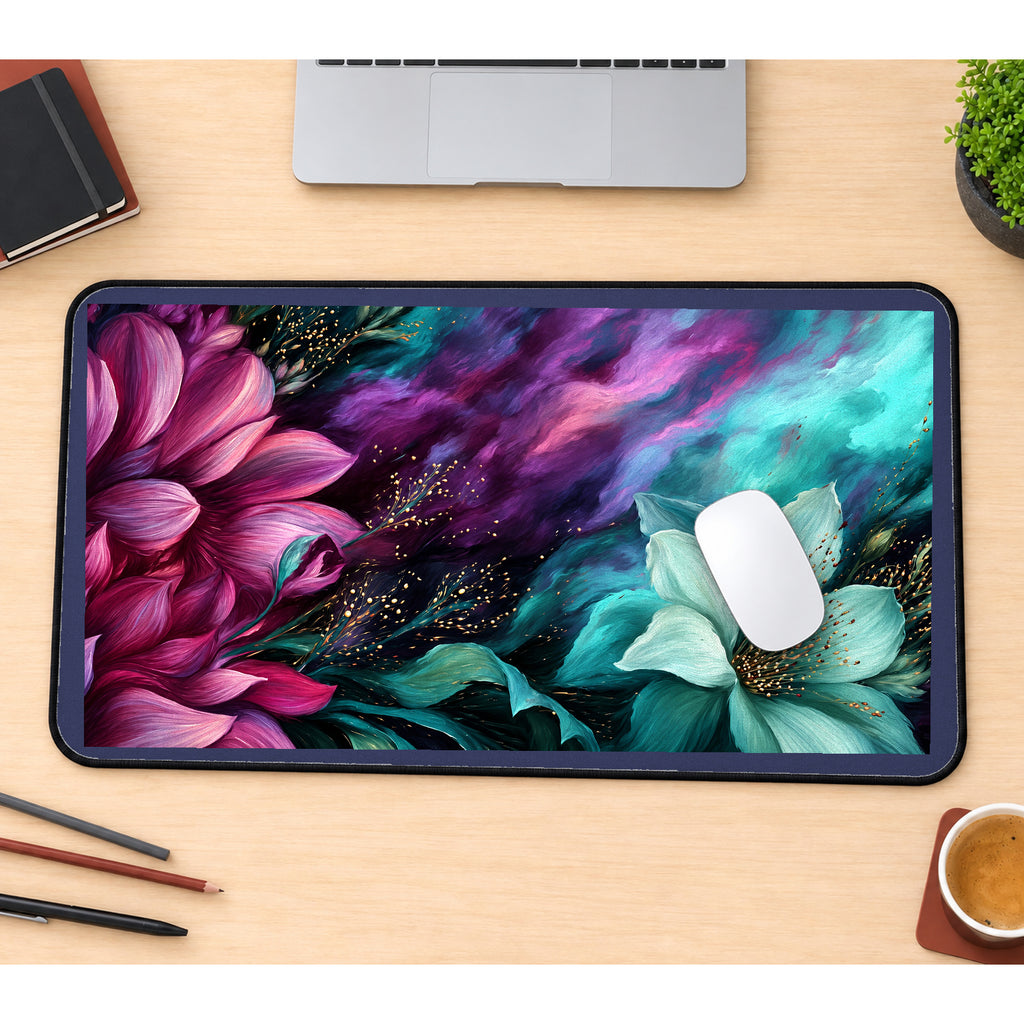 Magenta and Teal Floating Flowers desk mat — product mockup 1