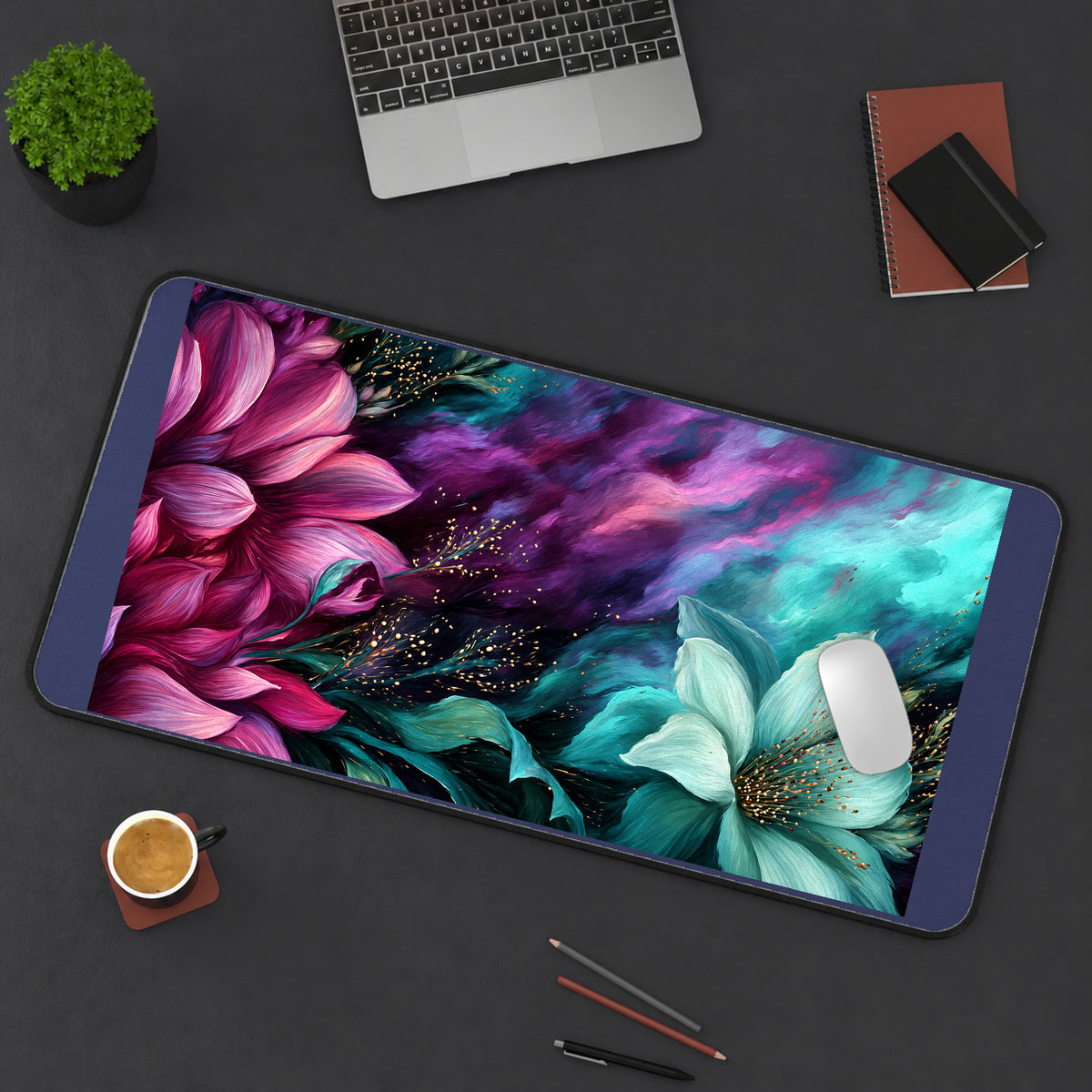 Magenta and Teal Floating Flowers desk mat — product mockup 3