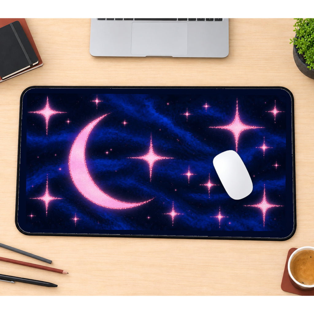 Pink Crescent and Sparkling Stars desk mat — product mockup 1