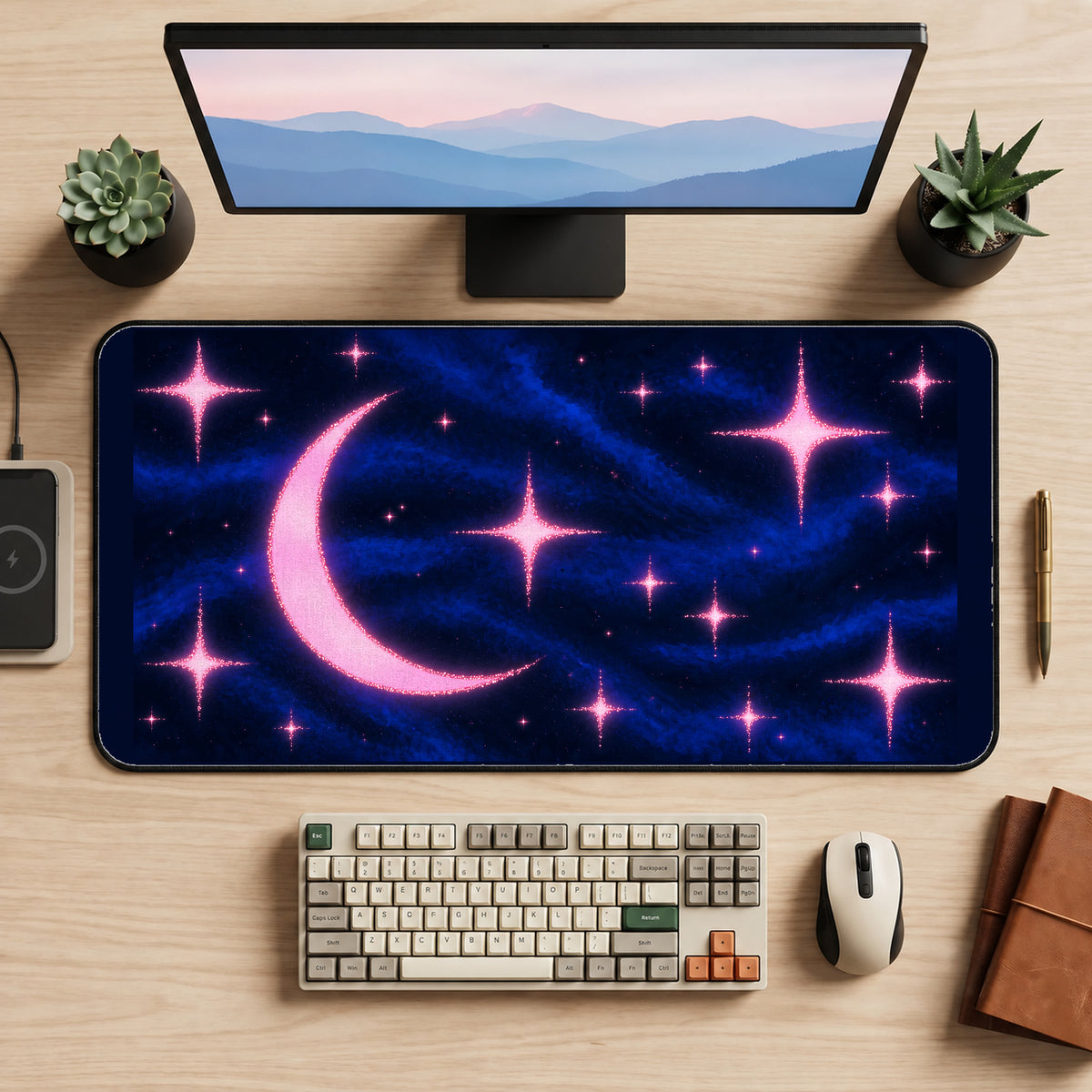 Pink Crescent and Sparkling Stars desk mat — product mockup 2