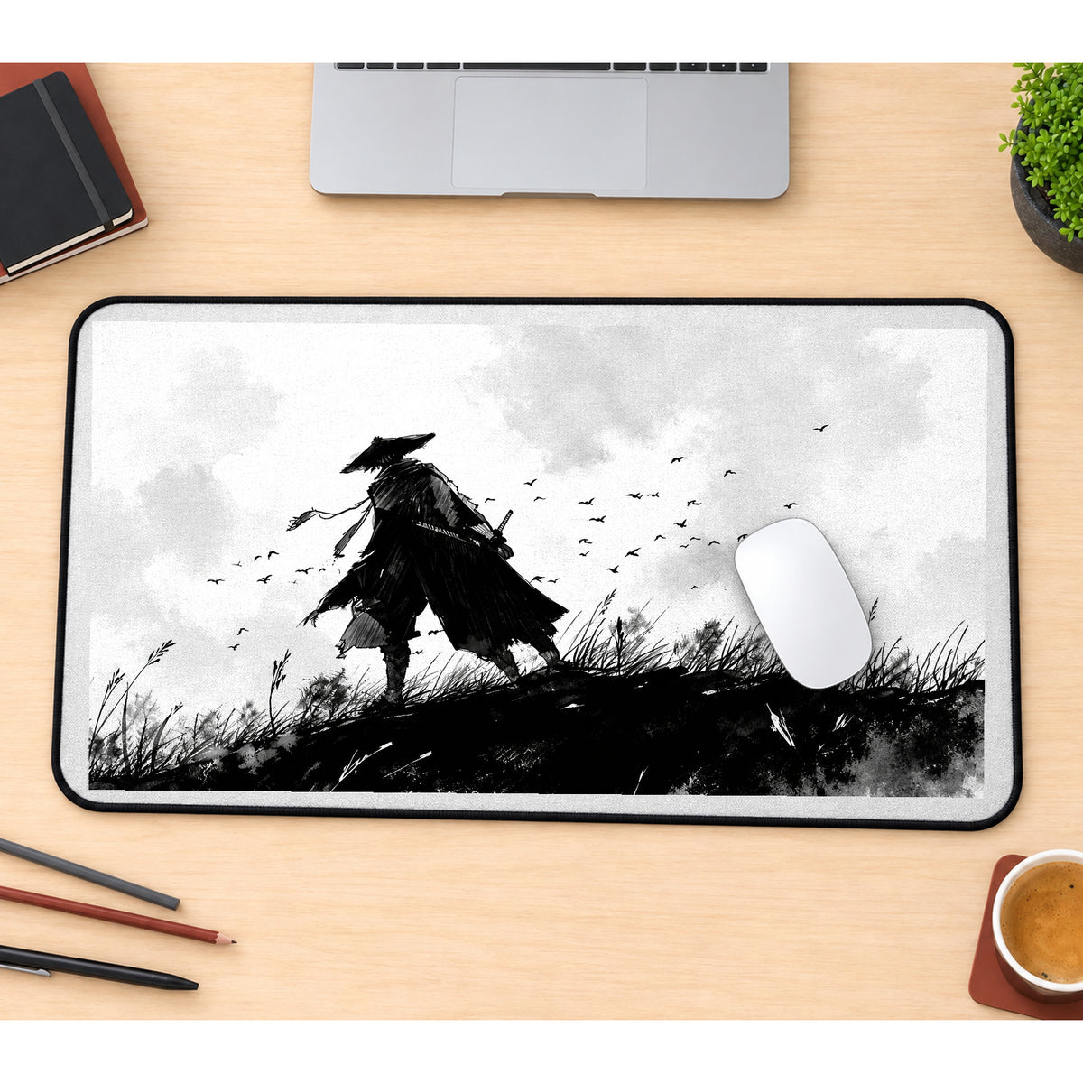 Wandering Samurai in Black Ink desk mat — product mockup 1