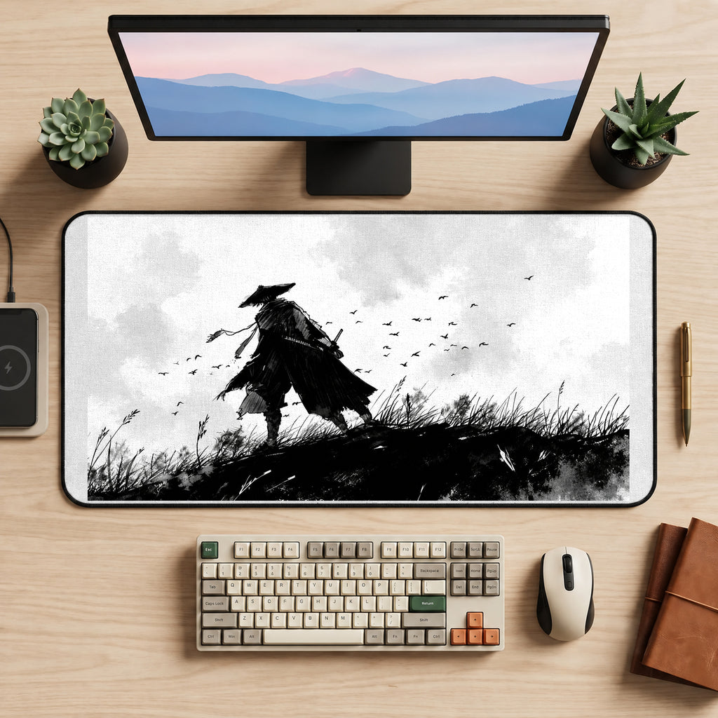 Wandering Samurai in Black Ink desk mat — product mockup 2