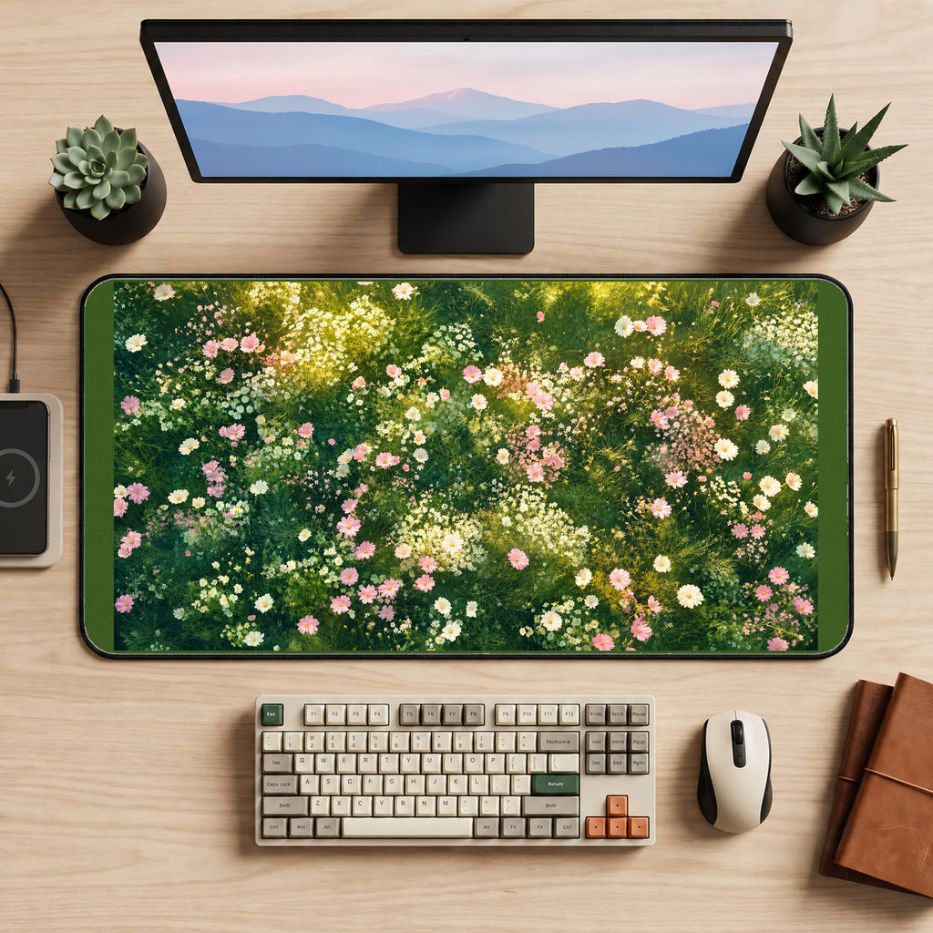 Pink Wildflowers across a Meadow desk mat — product mockup 2