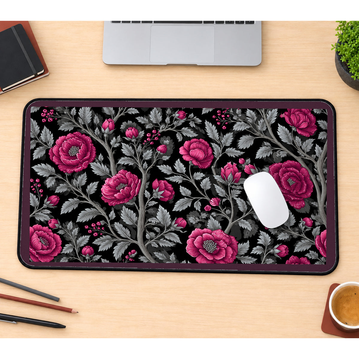 Magenta Flowers with Silver Leaves desk mat — product mockup 1