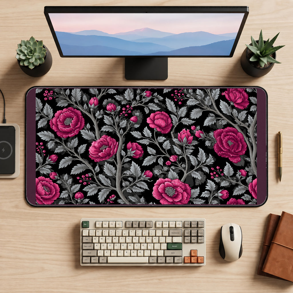 Magenta Flowers with Silver Leaves desk mat — product mockup 2