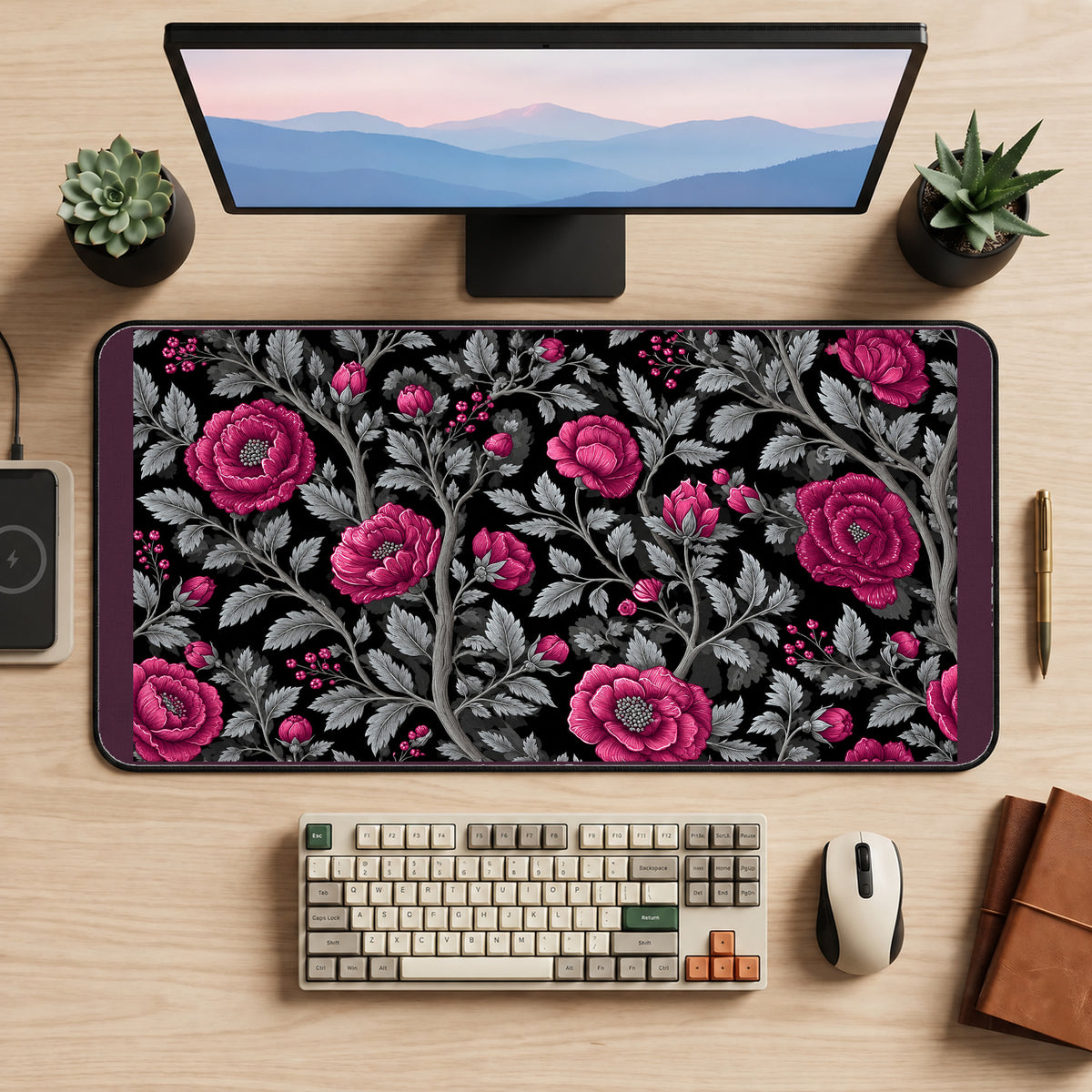 Magenta Flowers with Silver Leaves desk mat — product mockup 2