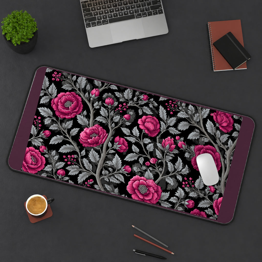Magenta Flowers with Silver Leaves desk mat — product mockup 3