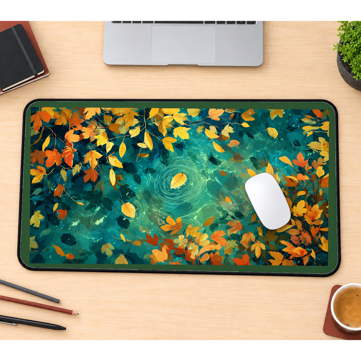 Golden Leaves on Teal Water desk mat — product mockup 1