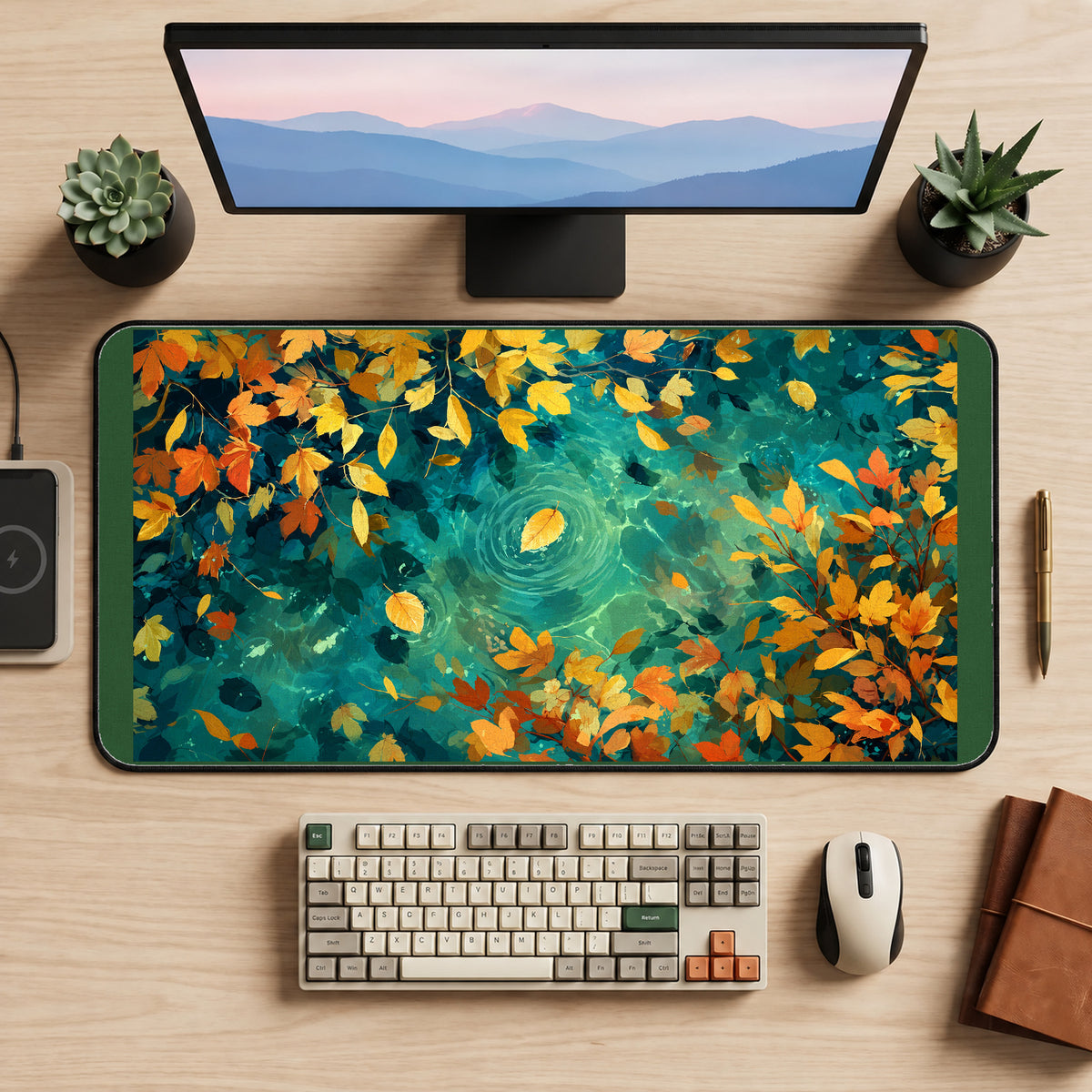 Golden Leaves on Teal Water desk mat — product mockup 2