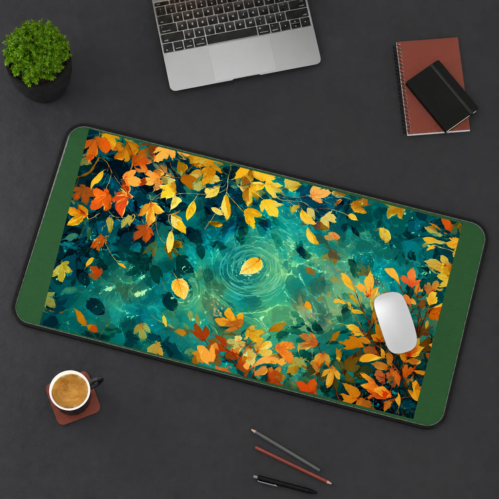 Golden Leaves on Teal Water desk mat — product mockup 3