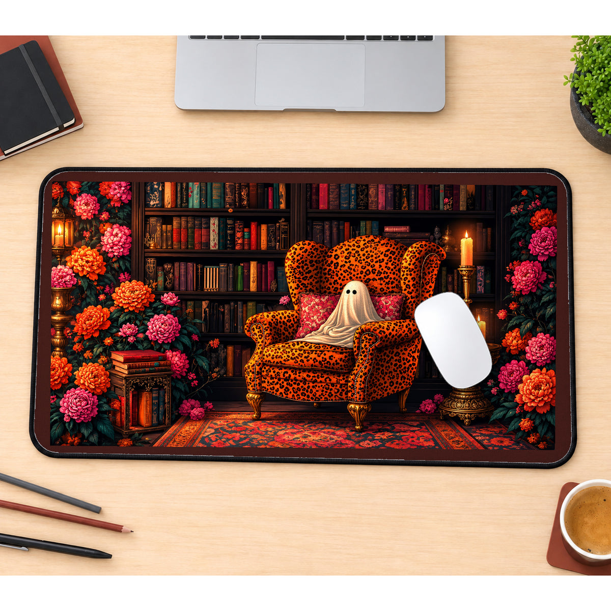 Tiny Ghost in a Leopard Armchair desk mat — product mockup 1