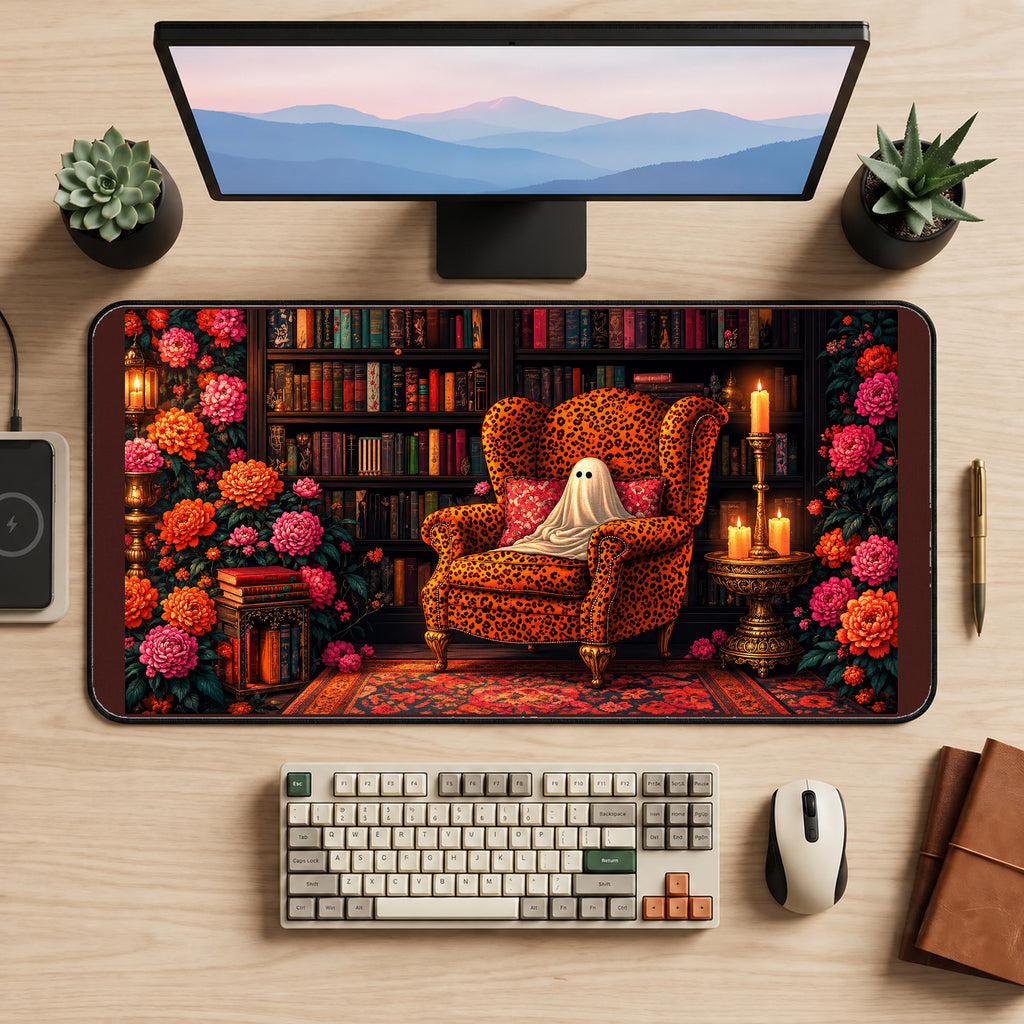 Tiny Ghost in a Leopard Armchair desk mat — product mockup 2