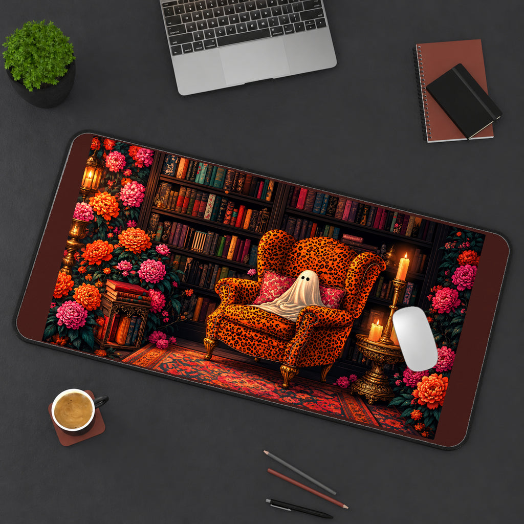 Tiny Ghost in a Leopard Armchair desk mat — product mockup 3