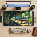 Sunlit Countryside Train Platform desk mat — product mockup 2