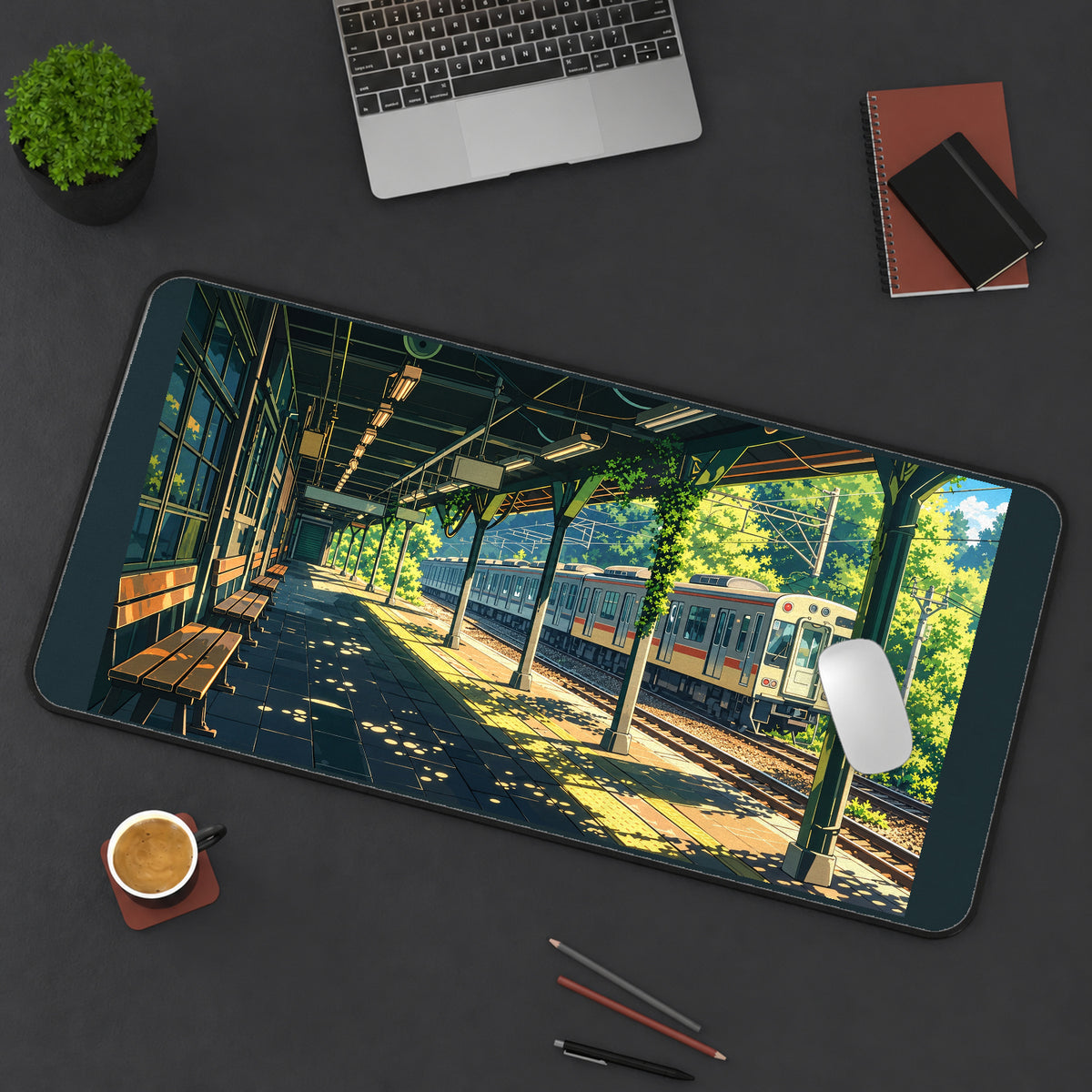 Sunlit Countryside Train Platform desk mat — product mockup 3
