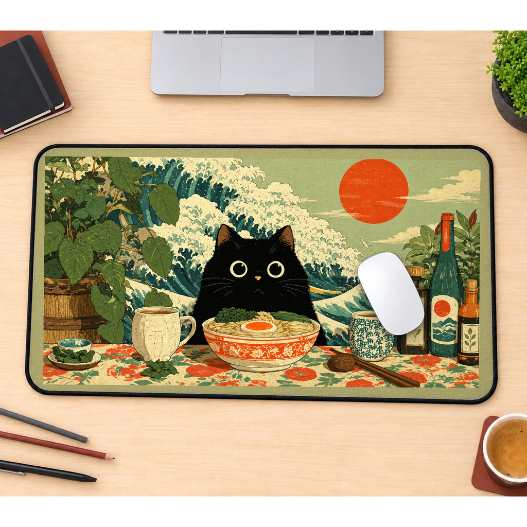 Black Cat at a Ramen Table desk mat — product mockup 1