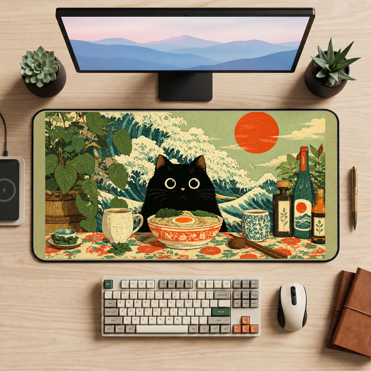 Black Cat at a Ramen Table desk mat — product mockup 2