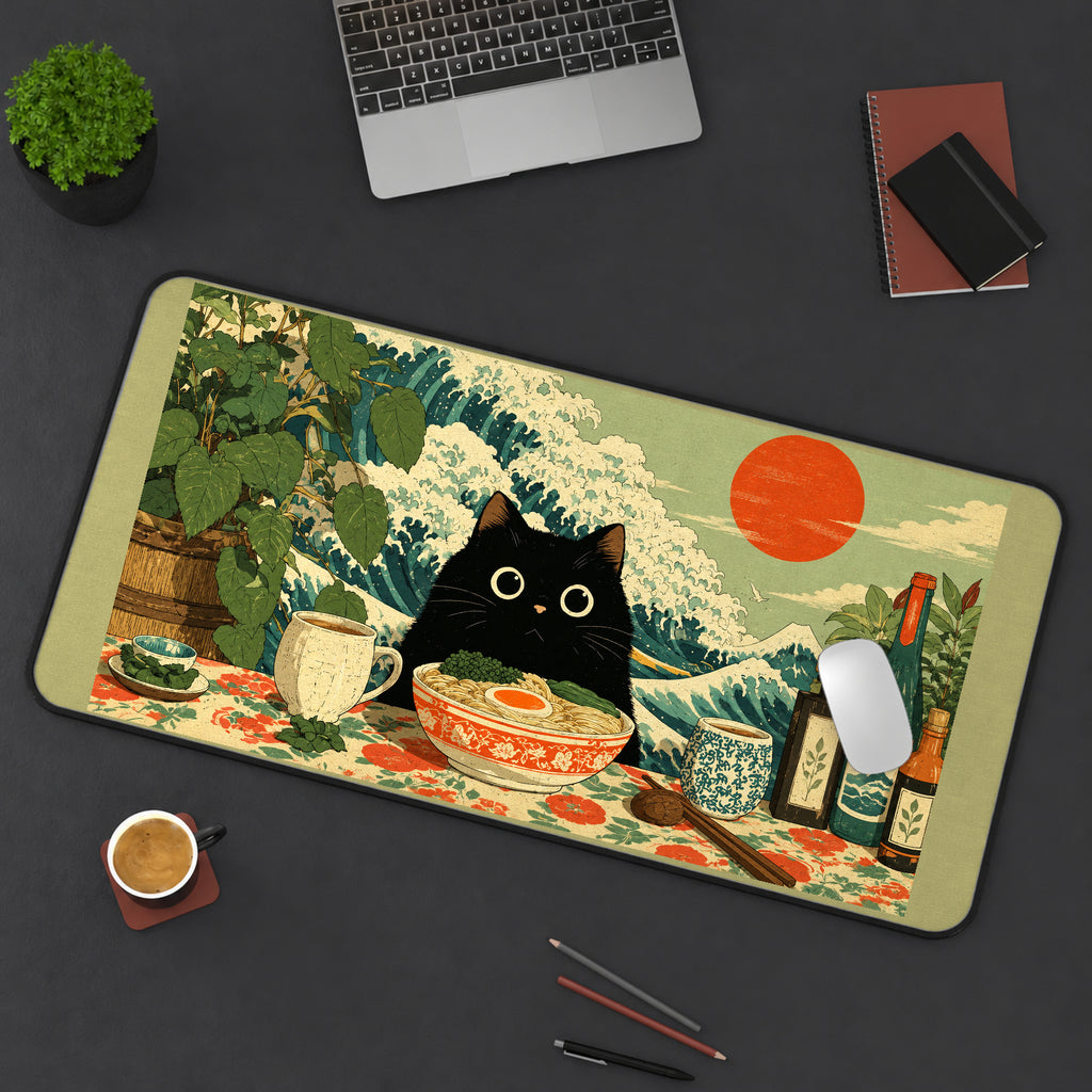 Black Cat at a Ramen Table desk mat — product mockup 3