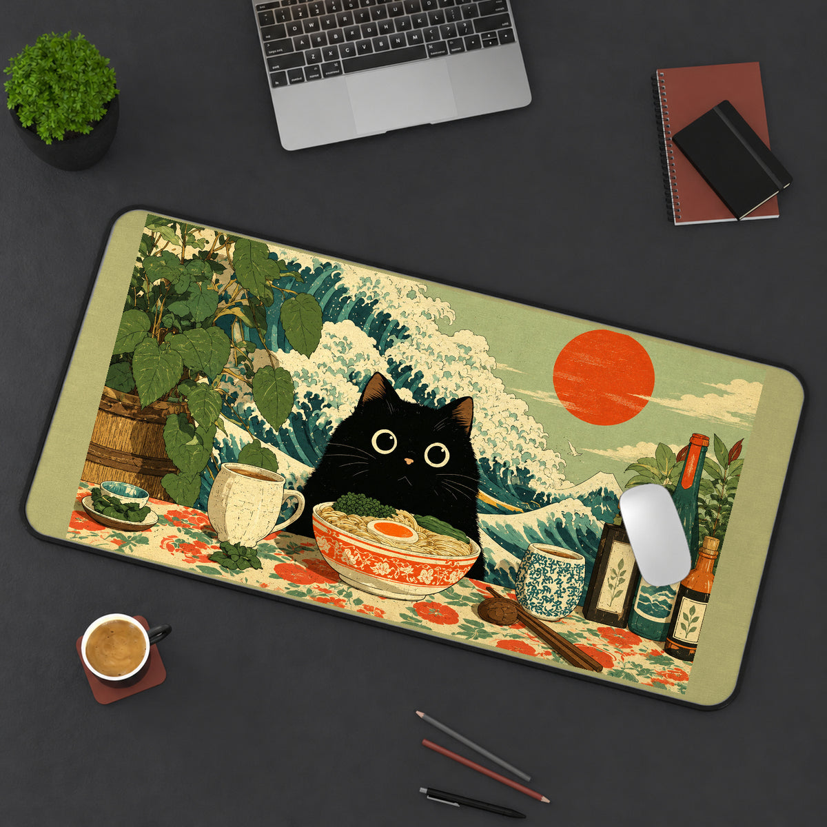 Black Cat at a Ramen Table desk mat — product mockup 3