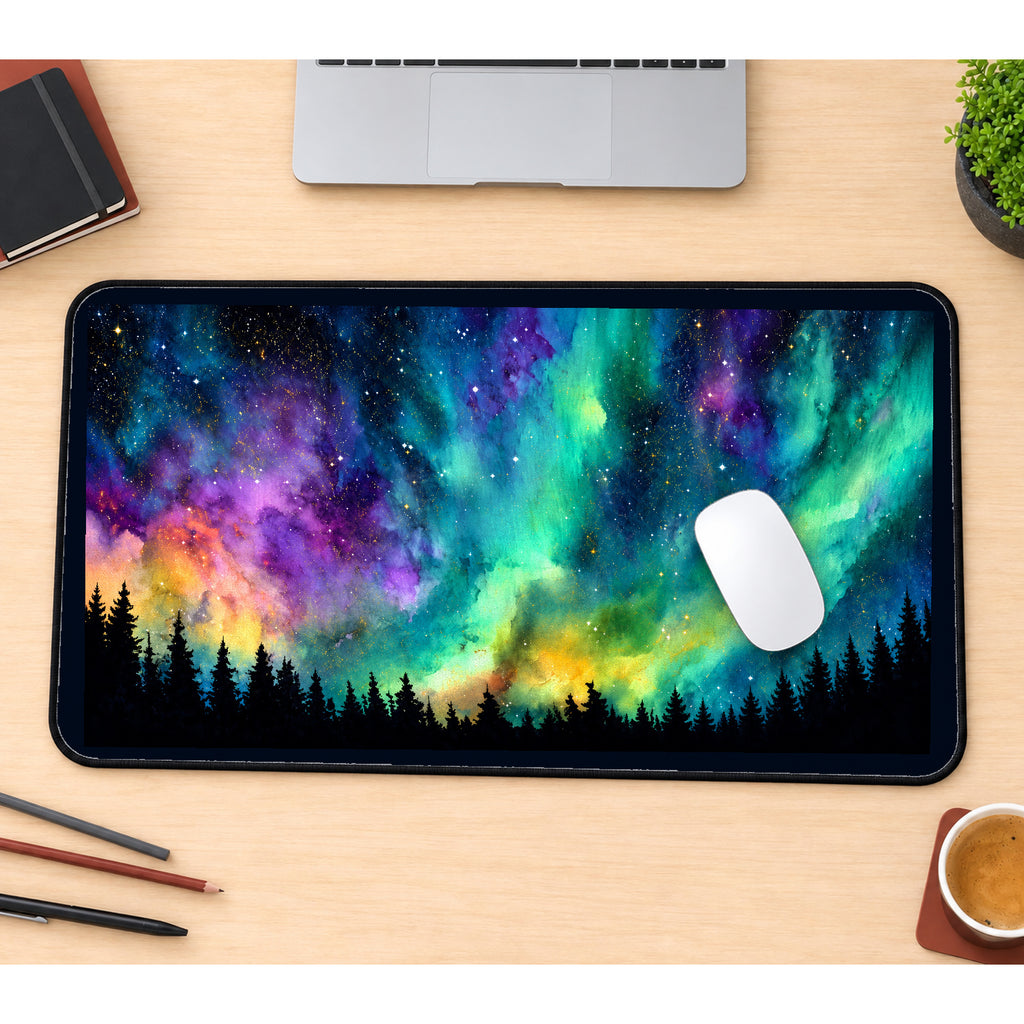 Rainbow Aurora above Pine Trees desk mat — product mockup 1