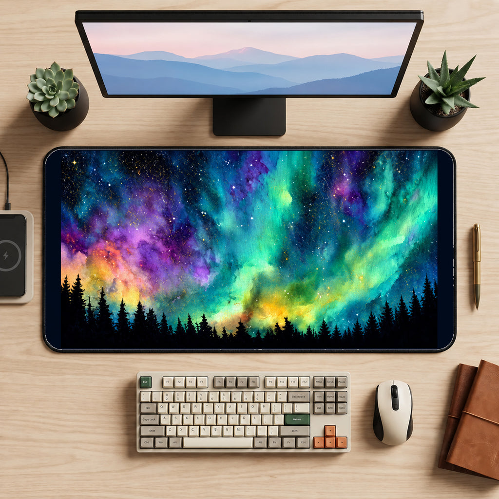 Rainbow Aurora above Pine Trees desk mat — product mockup 2