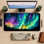Rainbow Aurora above Pine Trees desk mat — product mockup 2