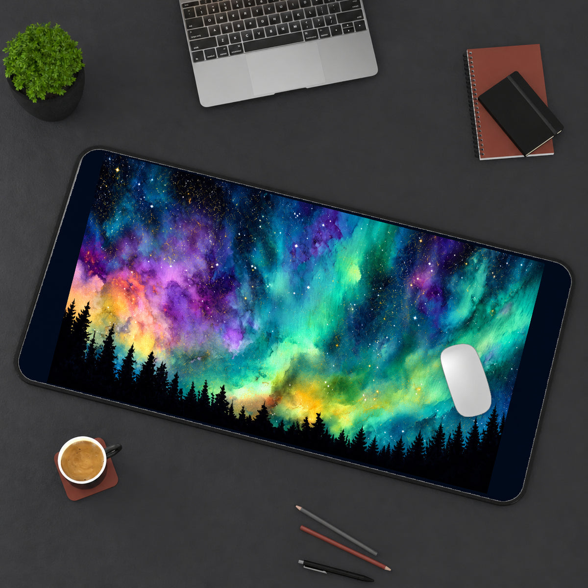 Rainbow Aurora above Pine Trees desk mat — product mockup 3