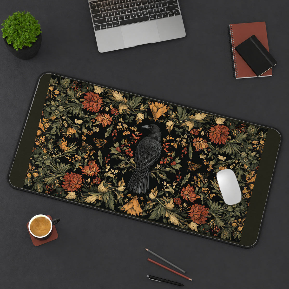 Perched Raven in Autumn Foliage desk mat — product mockup 3