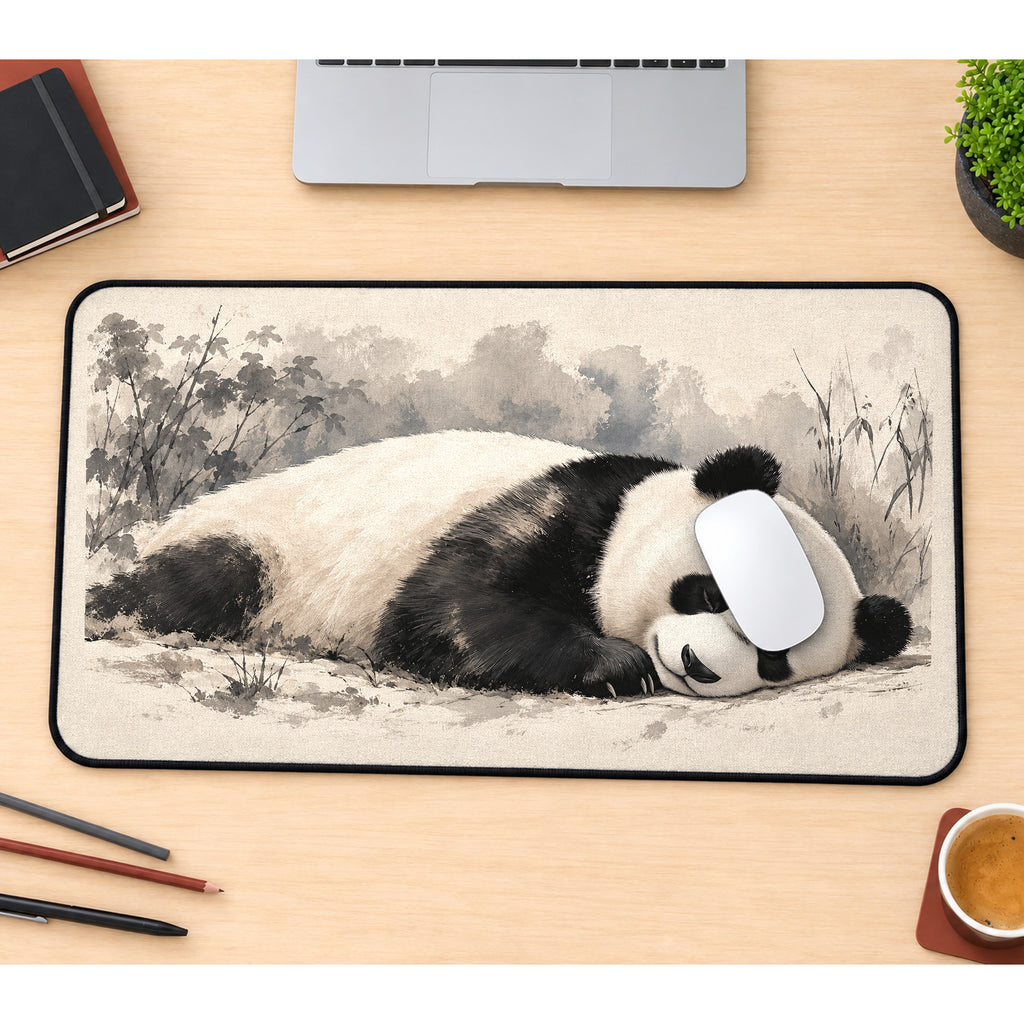 Sleeping Panda in Soft Gray Woods desk mat — product mockup 1