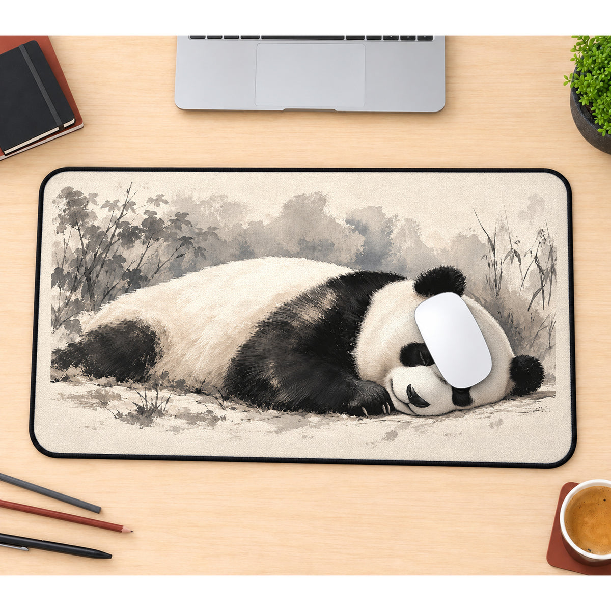 Sleeping Panda in Soft Gray Woods desk mat — product mockup 1