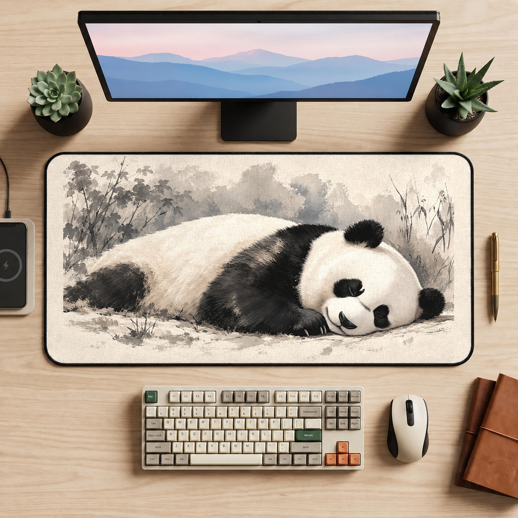 Sleeping Panda in Soft Gray Woods desk mat — product mockup 2