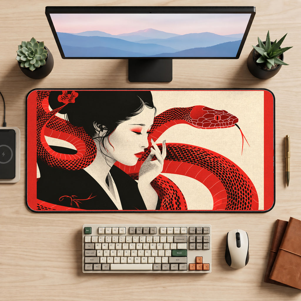 Woman with a Scarlet Snake desk mat — product mockup 2