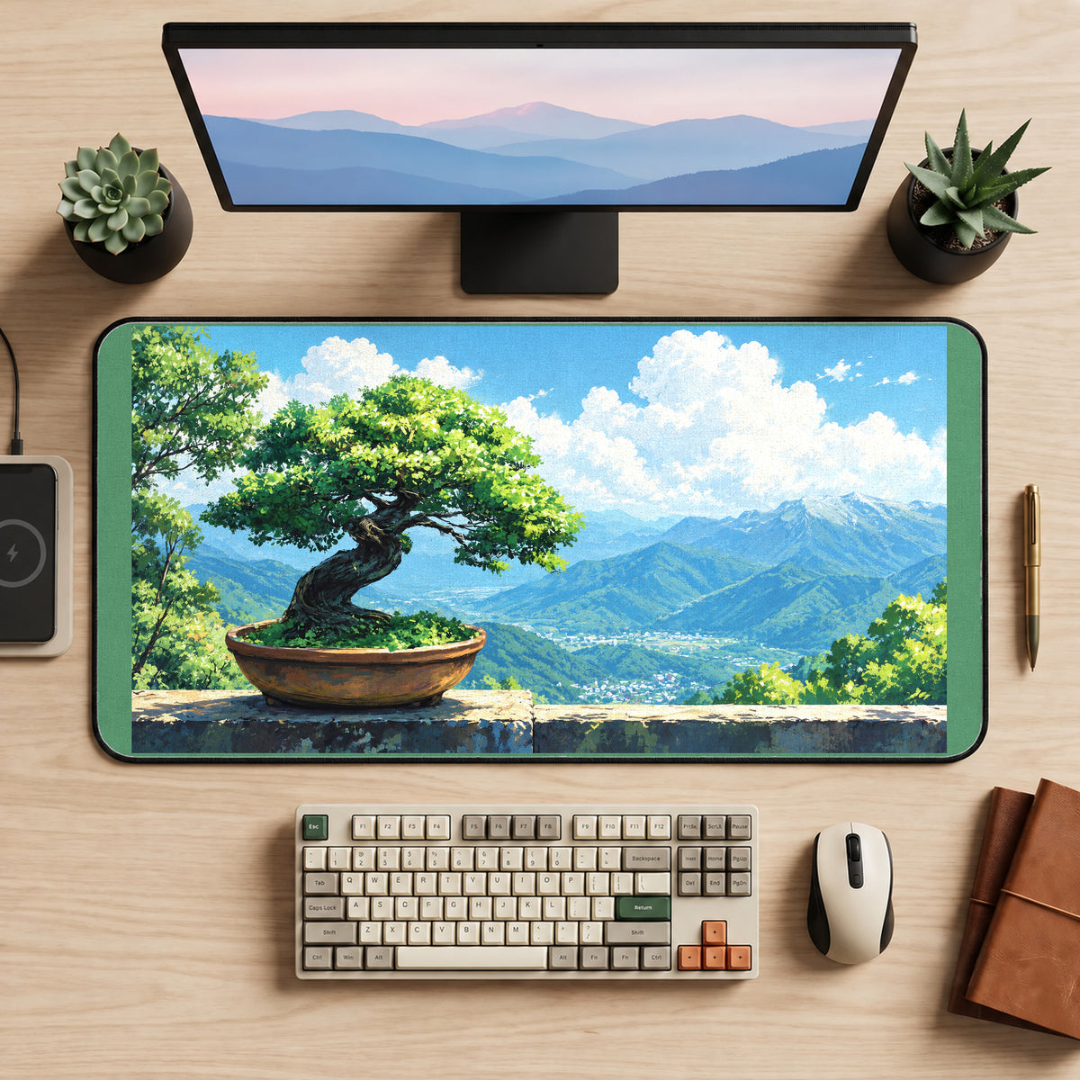 Bonsai overlooking Green Mountains desk mat — product mockup 2