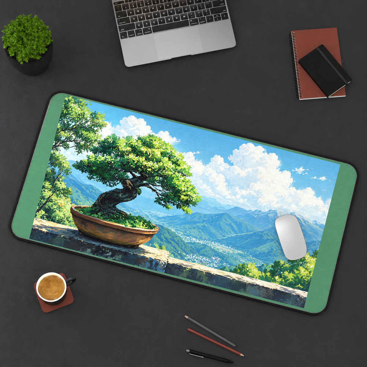 Bonsai overlooking Green Mountains desk mat — product mockup 3