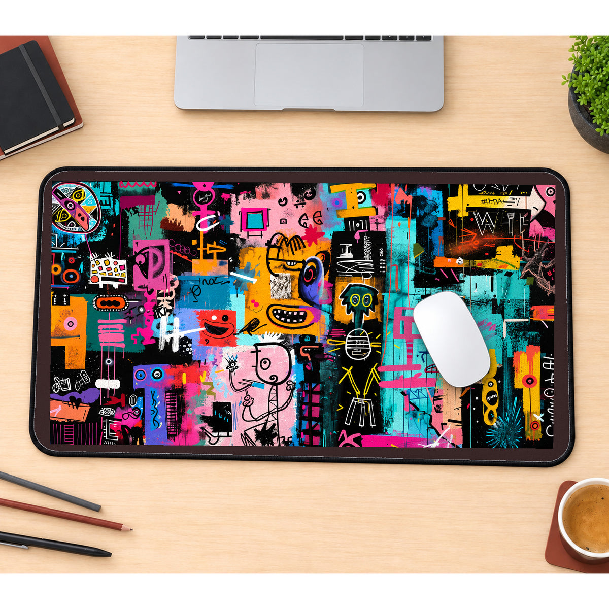 Bright Graffiti Faces and Symbols desk mat — product mockup 1