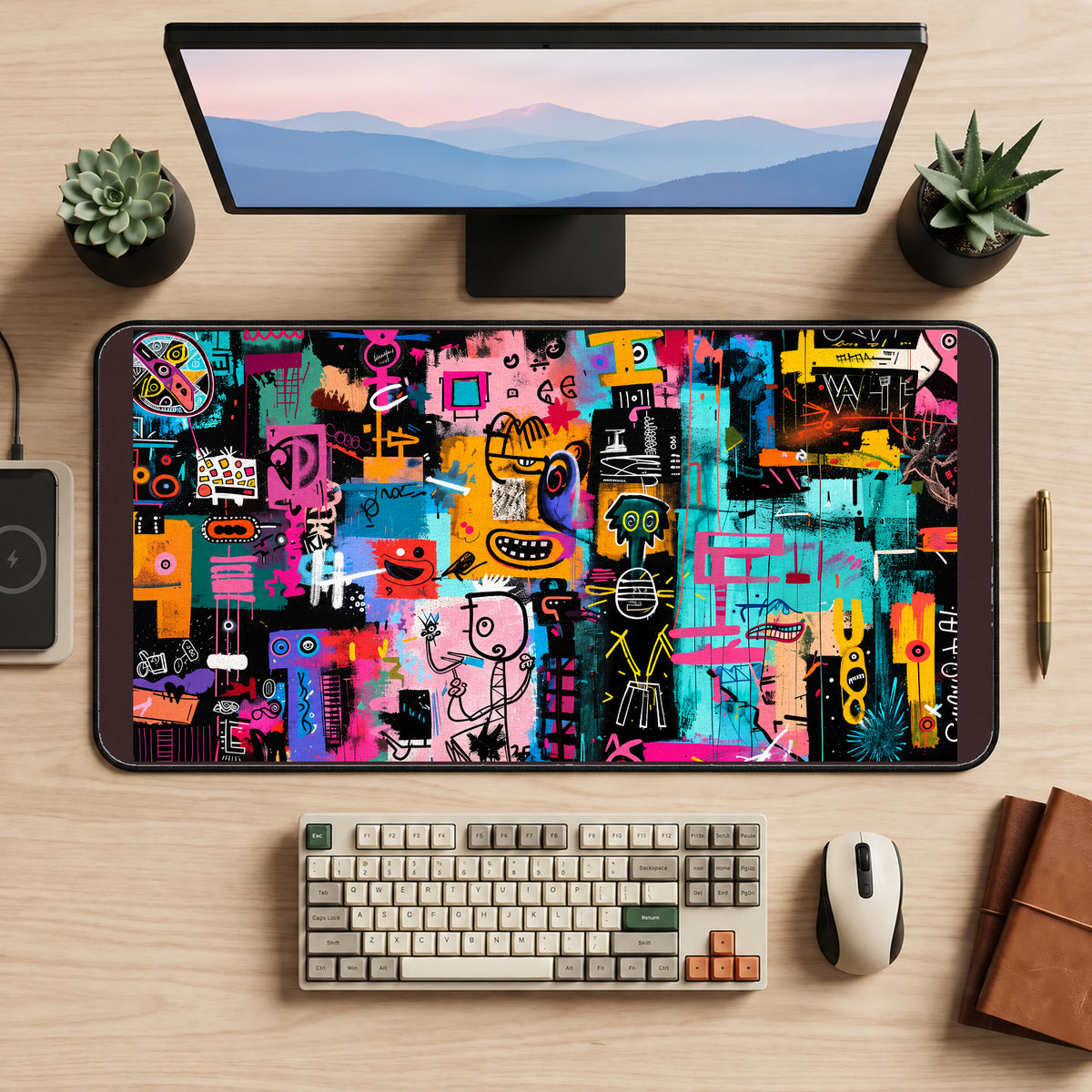 Bright Graffiti Faces and Symbols desk mat — product mockup 2