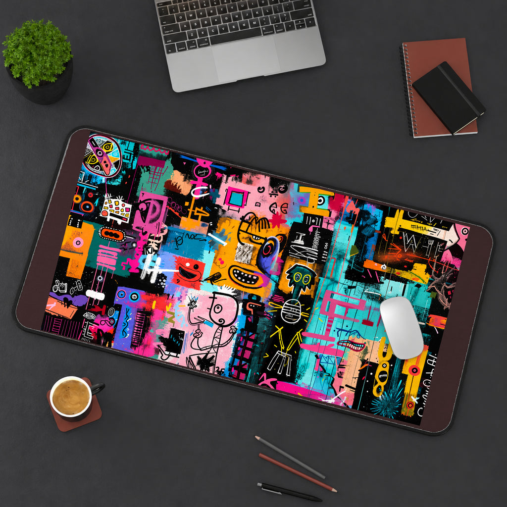 Bright Graffiti Faces and Symbols desk mat — product mockup 3