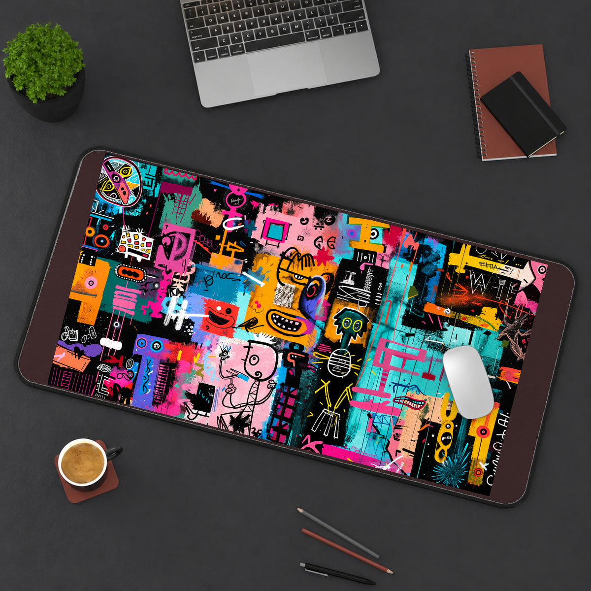 Bright Graffiti Faces and Symbols desk mat — product mockup 3