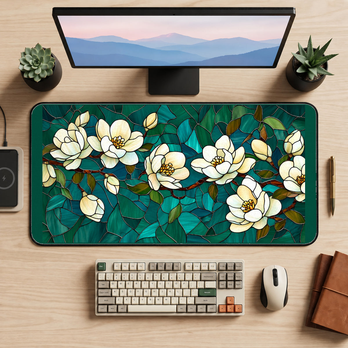 Ivory Magnolias on Teal Glass desk mat — product mockup 2