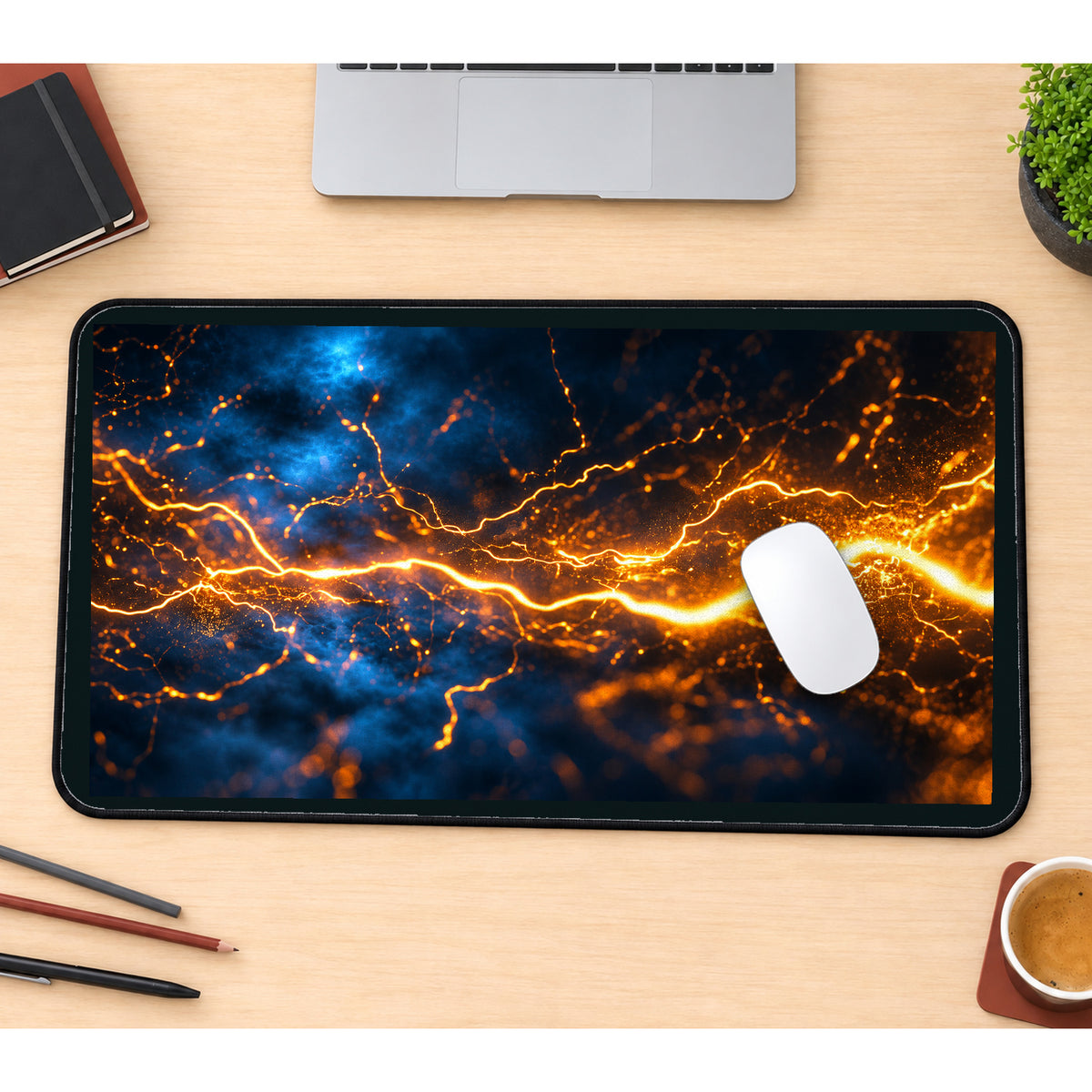 Golden Lightning across Blue Space desk mat — product mockup 1