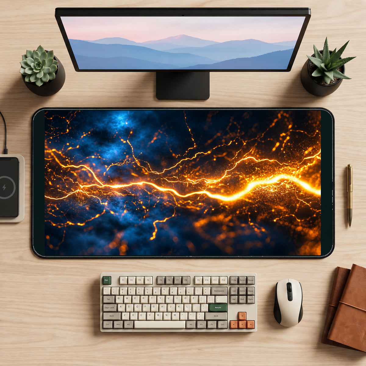 Golden Lightning across Blue Space desk mat — product mockup 2