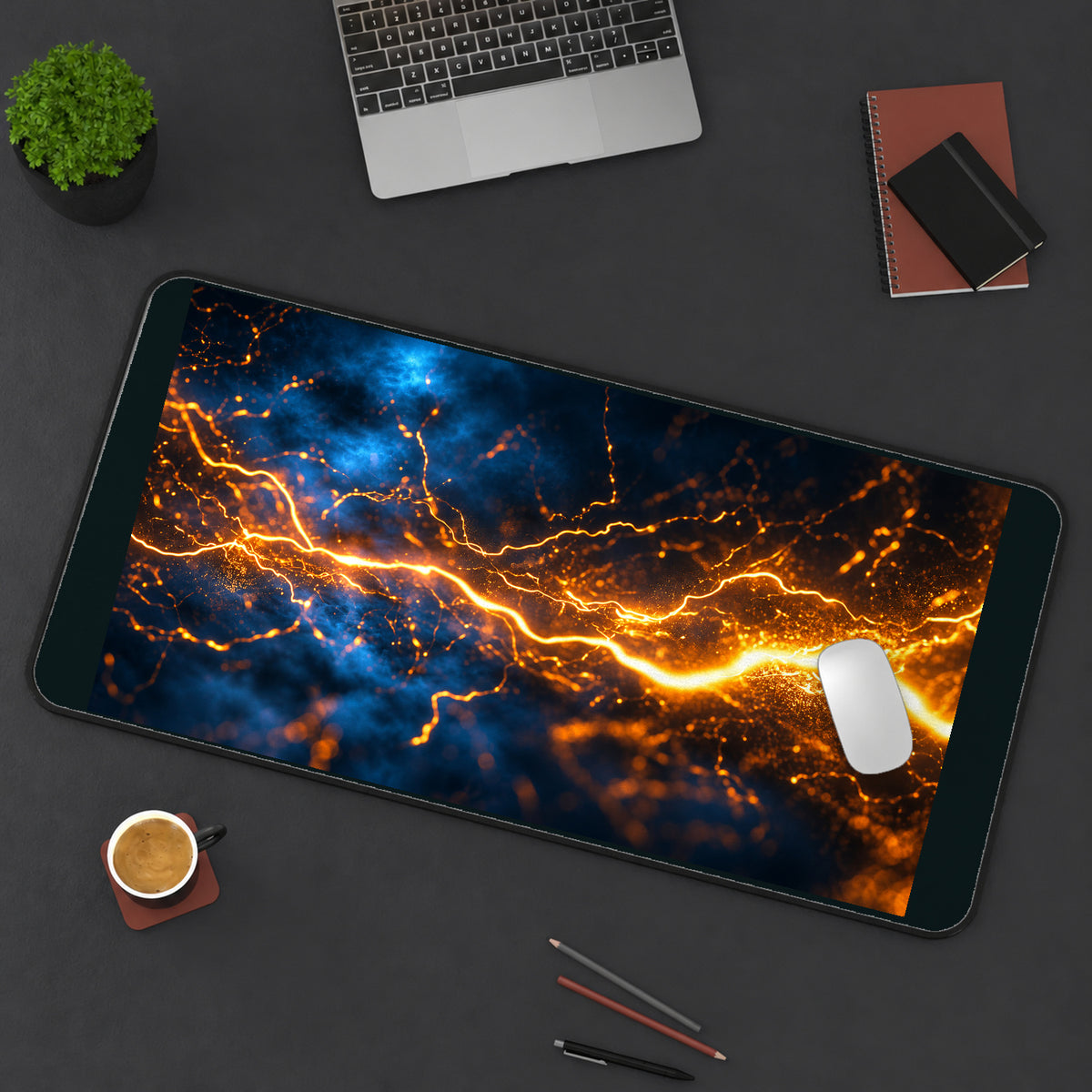 Golden Lightning across Blue Space desk mat — product mockup 3