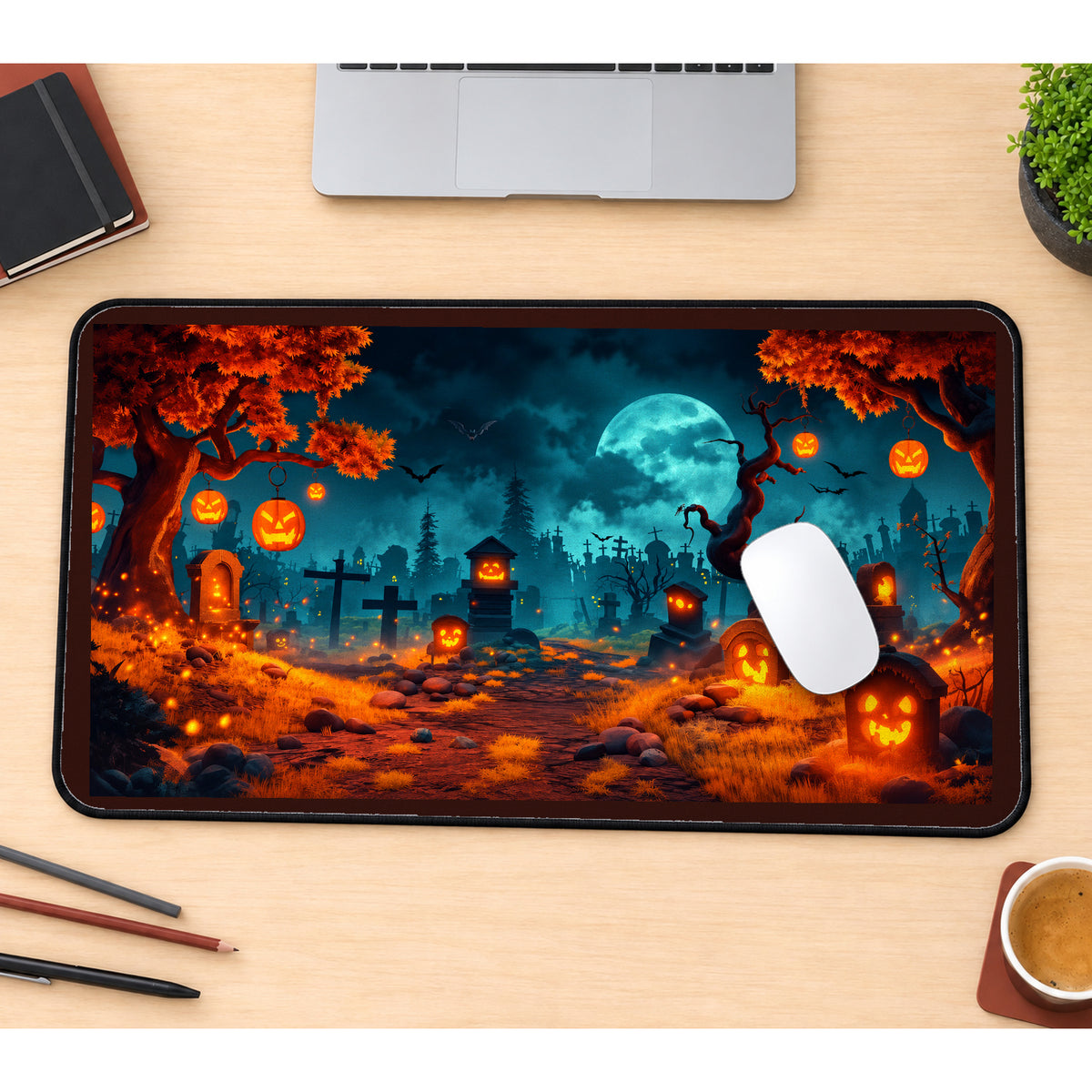 Jack O Lantern Graveyard at Night desk mat — product mockup 1