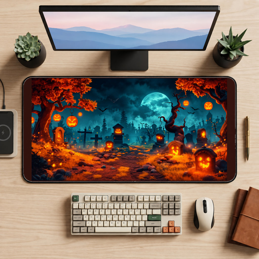 Jack O Lantern Graveyard at Night desk mat — product mockup 2