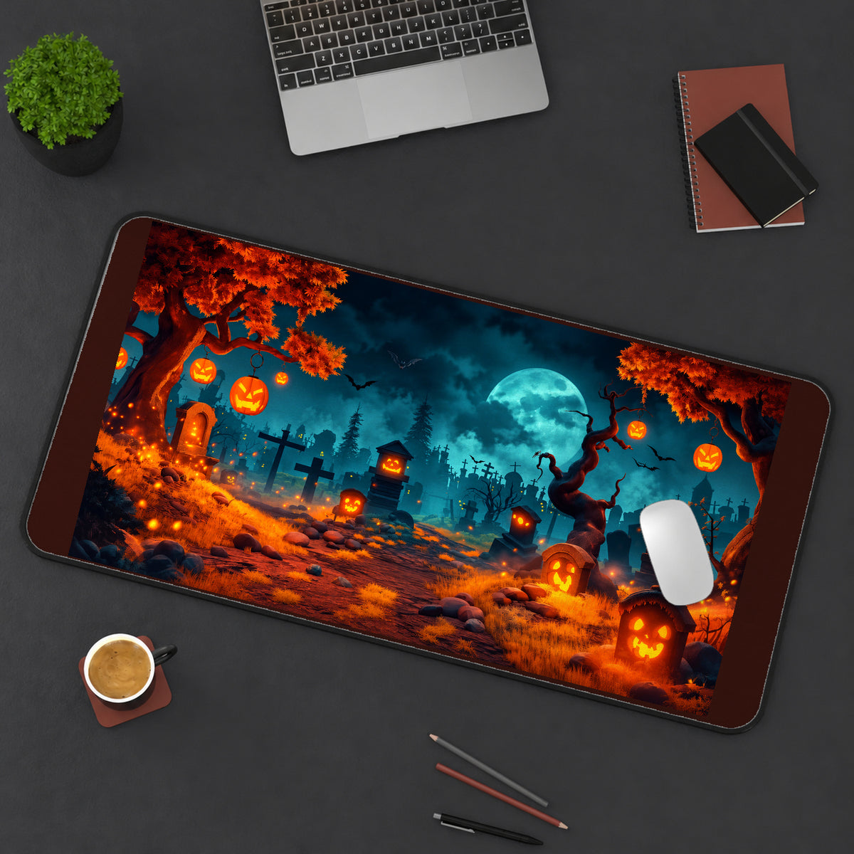 Jack O Lantern Graveyard at Night desk mat — product mockup 3