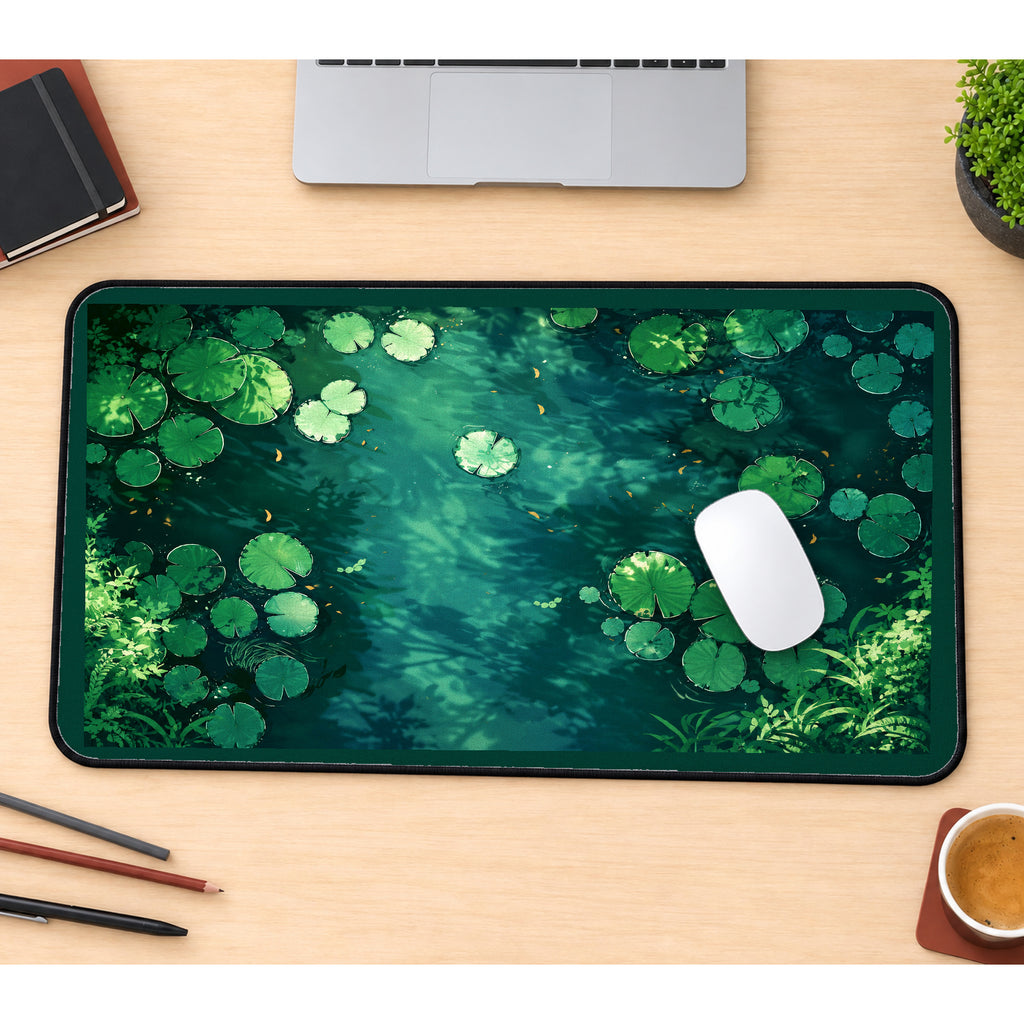 Green Lily Pads on Deep Water desk mat — product mockup 1