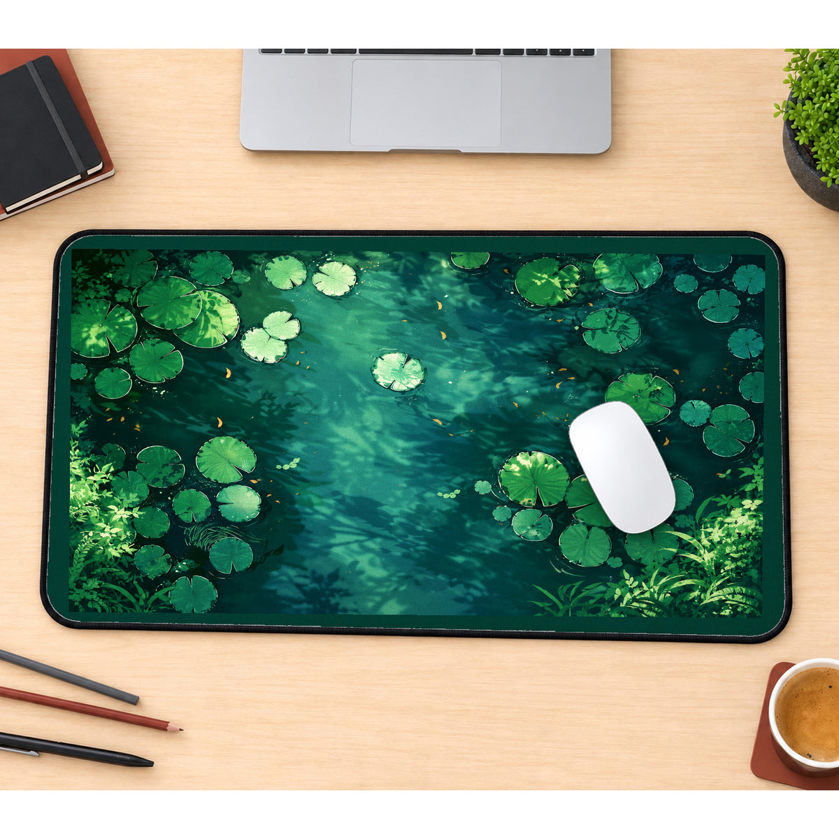 Green Lily Pads on Deep Water desk mat — product mockup 1